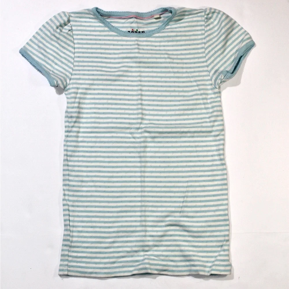 Mini Boden Girls Pointelle Striped Short-Sleeve Tee in Light Blue and White